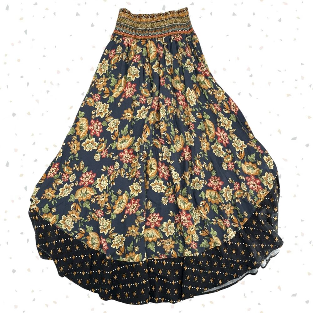 Farm Rio Boho Floral Maxi Skirt Black Tan Blue Mixed Flower Print Cottage Size S